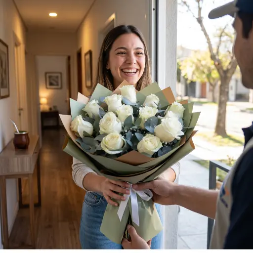 Ramo de flores rosas blancas importadas con papel coreano 
